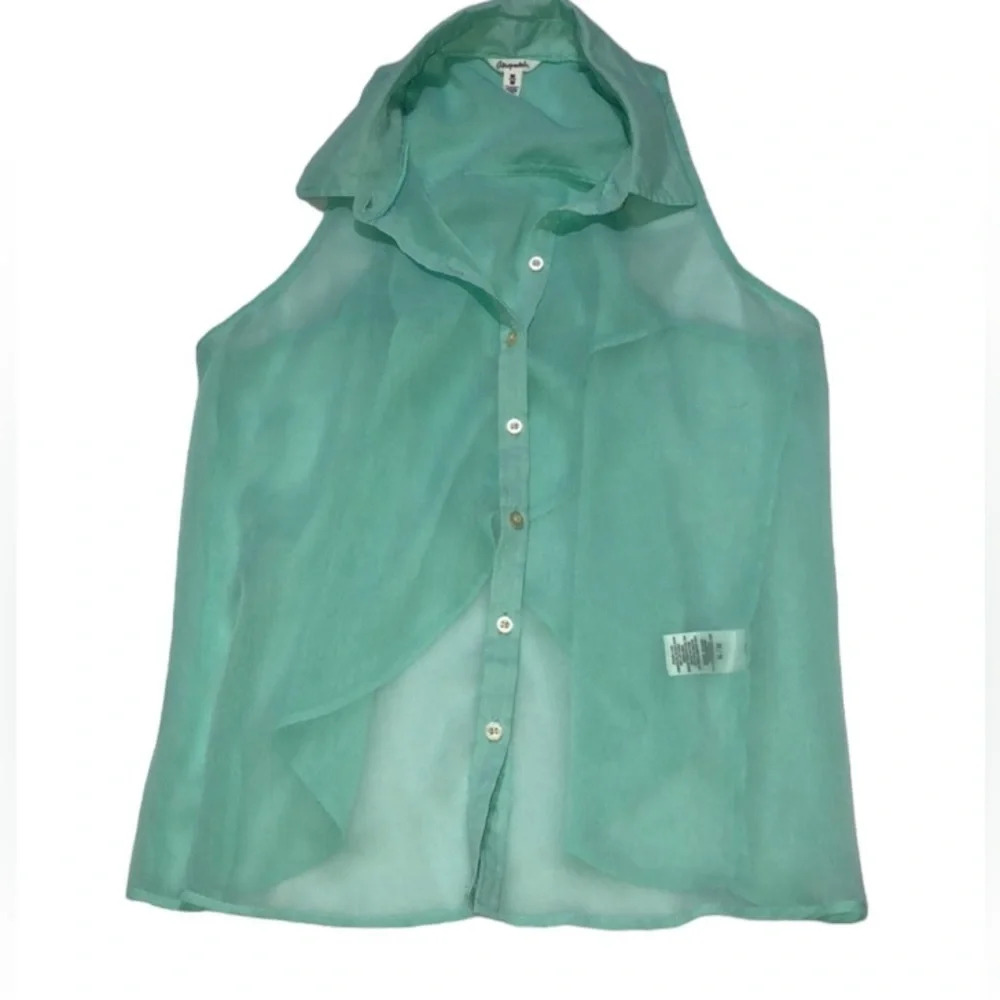 Aeropostale Sheer Button Down Top Sleeveless‎ Blouse Collared Green M